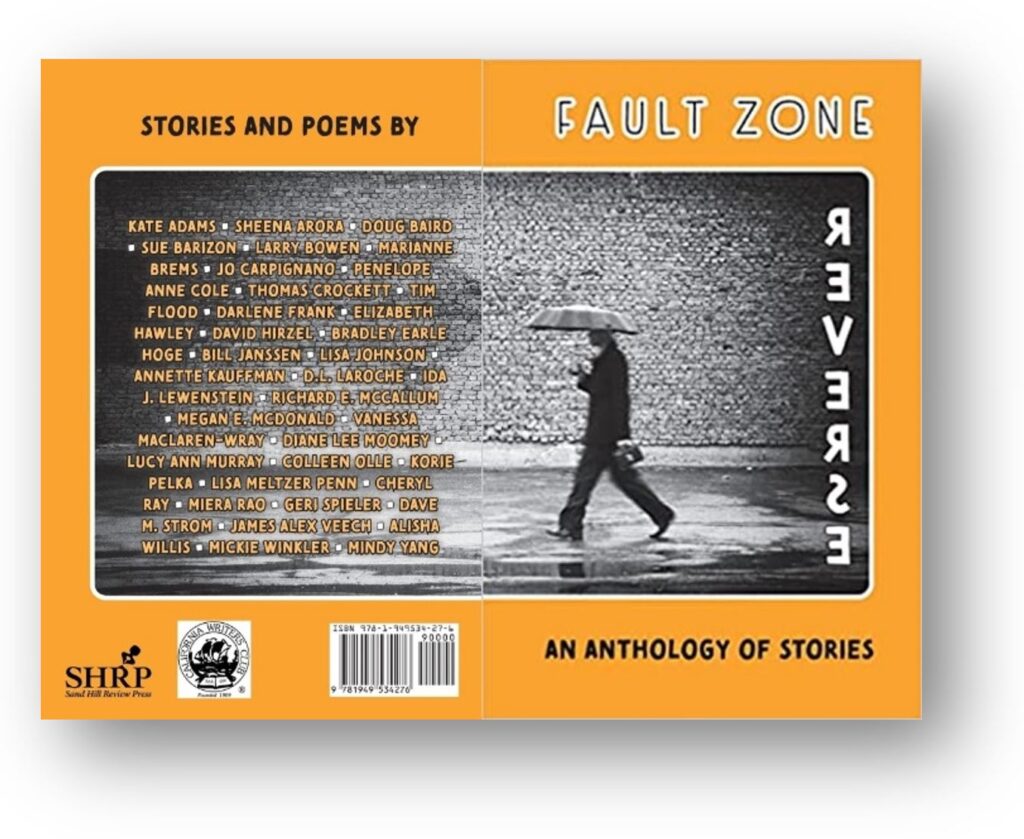 A book cover, front and back. At left, a list of names of contributors, at right text is Fault Zone: Reverse, A collection of stories. Image: person walking with an umbrella through a grey, rainy cityscape.