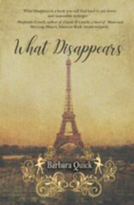Book cover for What Disappears, with the Eiffel Tower rising above a cityscape.