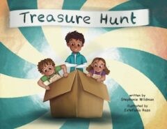 Cover for Treasure Hunt, with three children peering standing in a large cardboard box, with a pinwheel shape of yellow and green behind them.