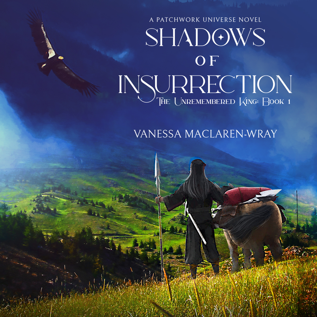Man holding a spear and standing next to a loaded baggage pony looks out over a wide valley with a condor soaring over. Text: Shadows of Insurrection
