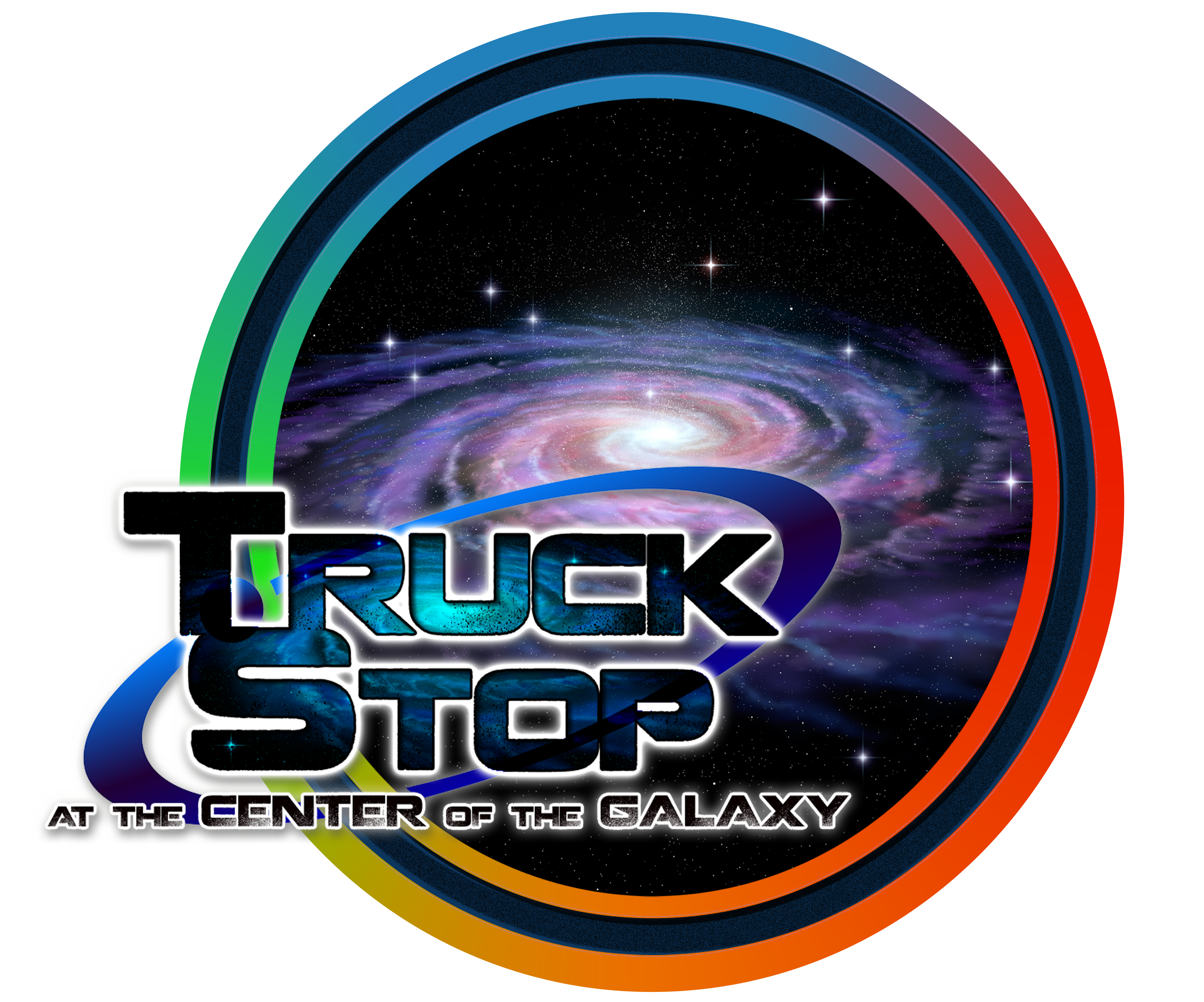 Logo for Truck Stop at the center of the galaxy: a rainbw rim with an image of the Milky Way in the center.